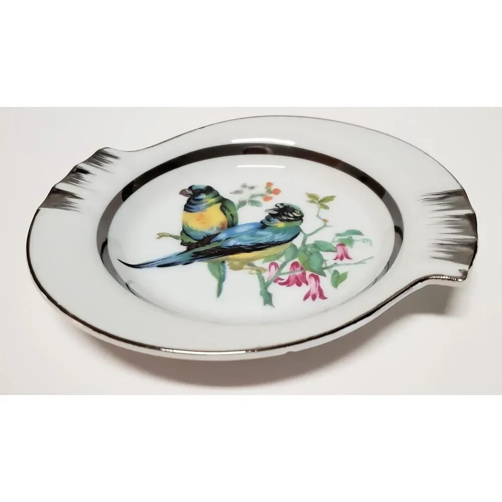 Norleans Ashtray Parrot Bird Japan Hand Paint Dish Ring Hold Porcelain Bl/Grn/Yl